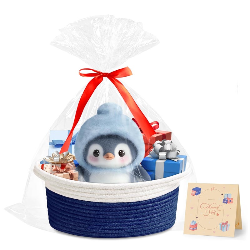 Yeeeasy Small Woven Basket with Gift Bags and Ribbons Cute Baskets for Gifts Empty 12"x8"x5" Small Rope Toy Basket for Babies Baskets for Storage, White & Navy Blue - Image 1